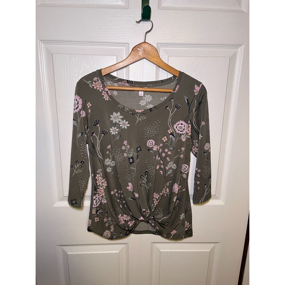 Candie’s Floral Knot Front Top Medium Olive Pink Boho Cottagecore